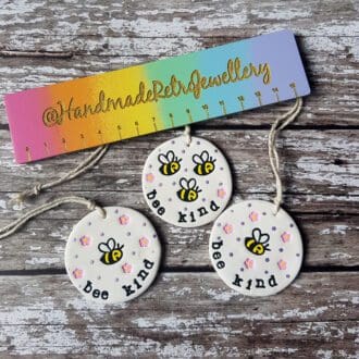 "Bee Kind" or "Bee Happy" hanging decoration, bees, flowers