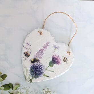 Handcrafted purple flowers and bees slate heart decoration mother's day gift
