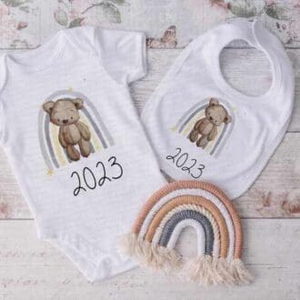New Baby Teddy Bear and Rainbow Vest and Bib set