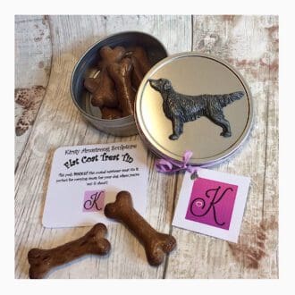 Flat coated retriever pocket treat tin featuring a coldcast pewter relief of a Flatcoated retriever on the push on lid.