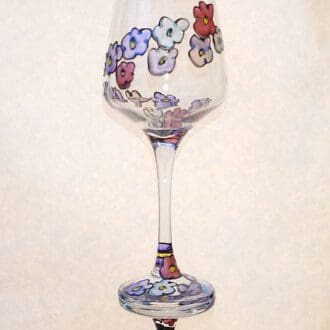 Hand-painted WHITE WINE glass, 'iridescent flowers' 330ml