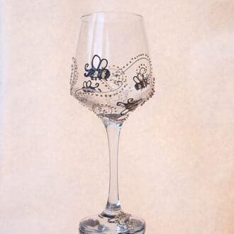 Hand-painted WHITE Wine glass, 'Bees' 330ml
