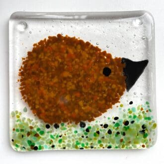 Handmade fused glass Hedgehog coasters, great tableware items. Lovley decorative drinks coasters.