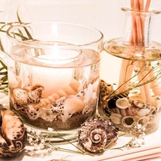 Coast home fragrance gift set, scented gel and soy wax candle stands next to reed diffuser, coastal items such as shells, dried flowers surround candle and diffuser
