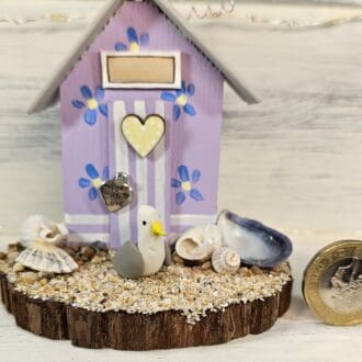 Lilac Floral Mini Wooden Beach Hut Scene with Seashells and Seagull