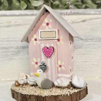 Pink Floral Mini Wooden Beach Hut Scene with Seashells and Seagull