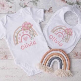 Rainbow and bunny new baby bib and vest pink