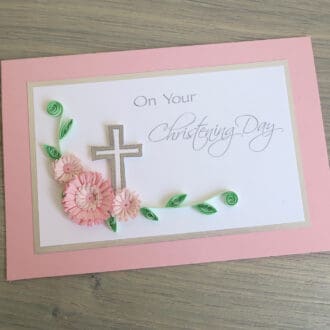 Handmade on your christening day card with pink quilled flowers and silver cross