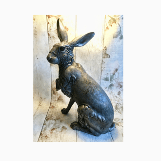 Finely detailed large sitting Hare garden sculpture hand made in cold-cast pewter by sculptor Kirsty Armstrong