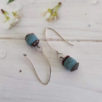 Acorn style recycled copper and blue lava rock bead earrings with sterling silver ear wires