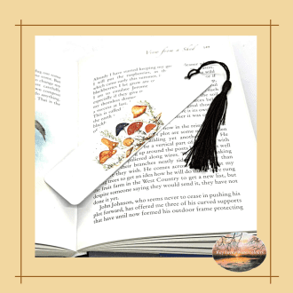 Aluminium bookmark with Fungi artwork displayed in book
