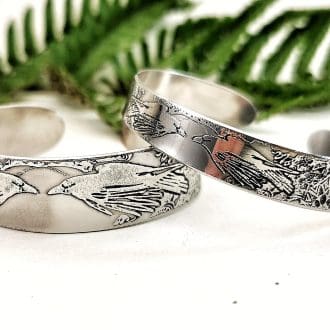 Etched Raven Stainless Steel Cuff Bangle - slim or Extra Slim