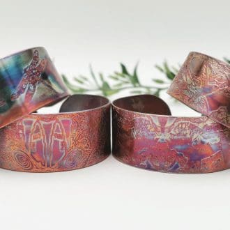 Etched Copper Cuff Bracelet, dragonfly, lion, floating city or crow designs