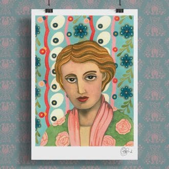 Hand-painted Virginia Woolf Art Print featuring a stylised portrait in warm tones with a floral patterned background.