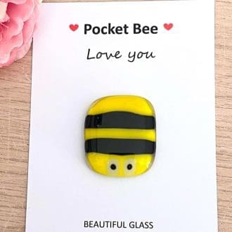 Bee Gift Pocket Hug - Fused Glass Greetings Card - Choice of message