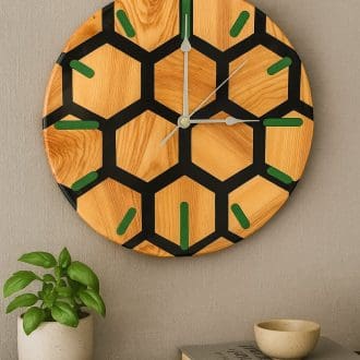 Ash Honeycomb Wall Clock with Black Resin and Emerald Markers