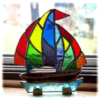 yacht sailboat sailing stained glass gift free standing wooden stand rainbow