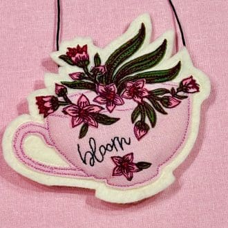 Handmade pink fabric floral teacup hanging decoration for tea lovers