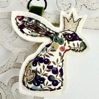 Liberty fabric hare keyring or bag charm. Gold sparkly crown and hot detail. unique one of a kind gift, accessory