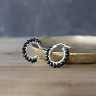 black beaded gemstone hoop earrings handmade in sterling silver