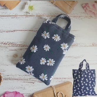 Navy Daisy Print Folding Shopping Bag Tote Bag with Pouch